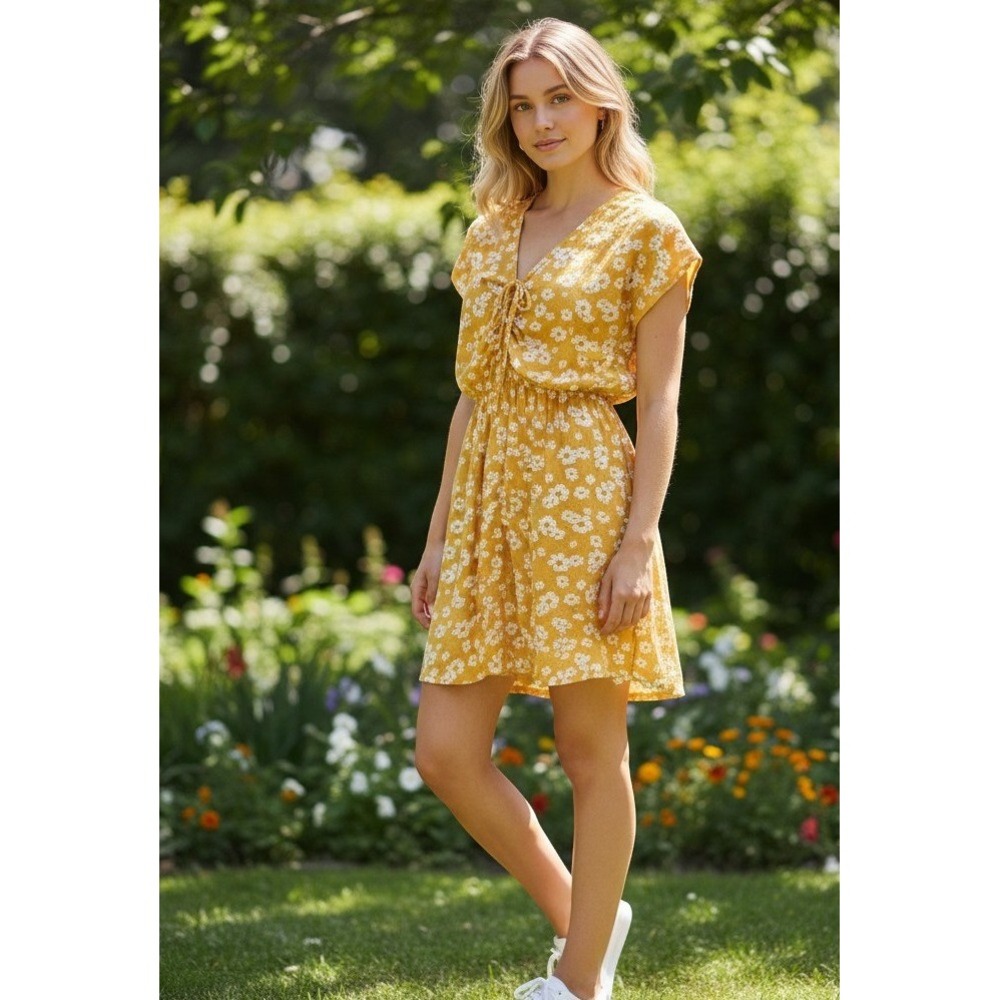 Cottagecore Roxy Mustard Yellow Daisy Floral Tie Front Mini Dress M Beachy Girly